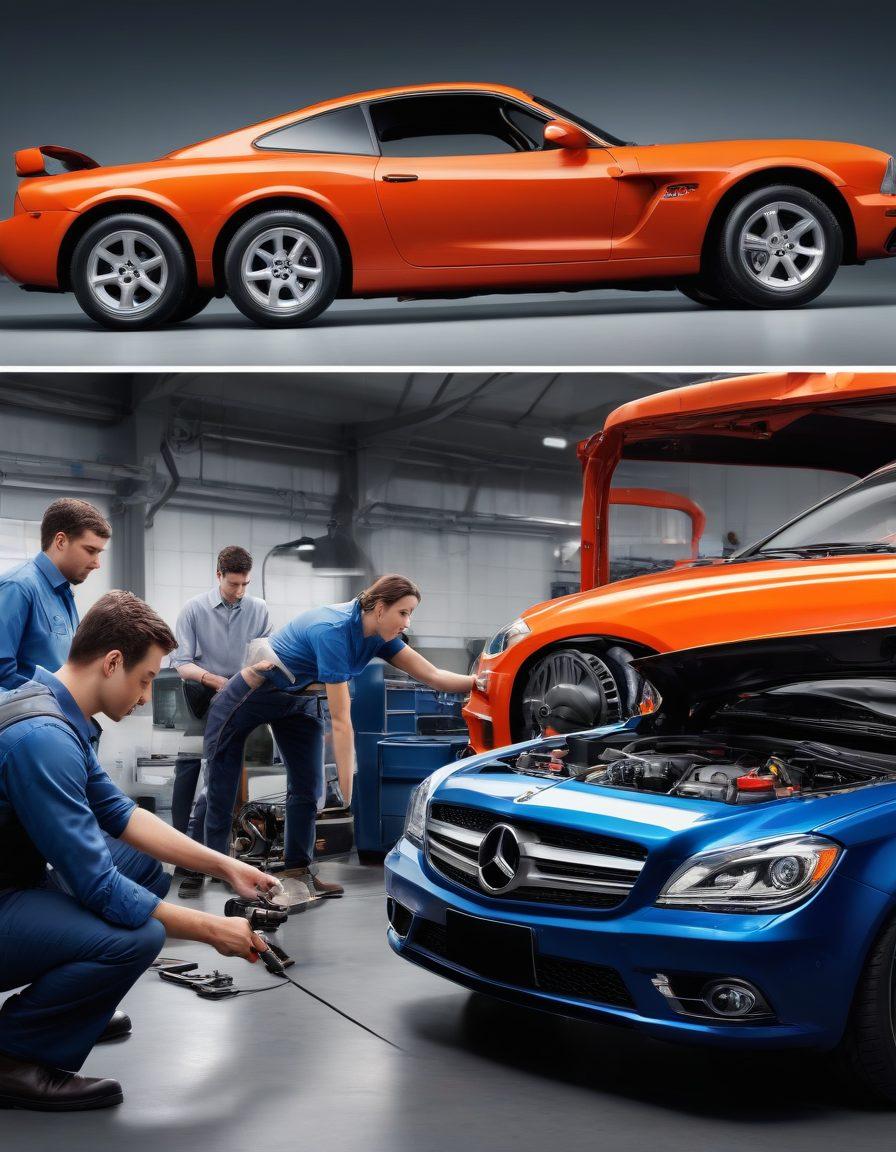 A split-screen image showcasing the evolution of automotive knowledge, with one side depicting a basic car maintenance scene (like changing oil or checking tire pressure) and the other side showcasing advanced automotive skills (like diagnosing engine issues with advanced tools). Include a diverse group of people, both men and women, engaged in both activities, surrounded by tools and car parts. The background should feature a bright, organized garage with colorful posters of automotive technology. super-realistic. vibrant colors. 3D.