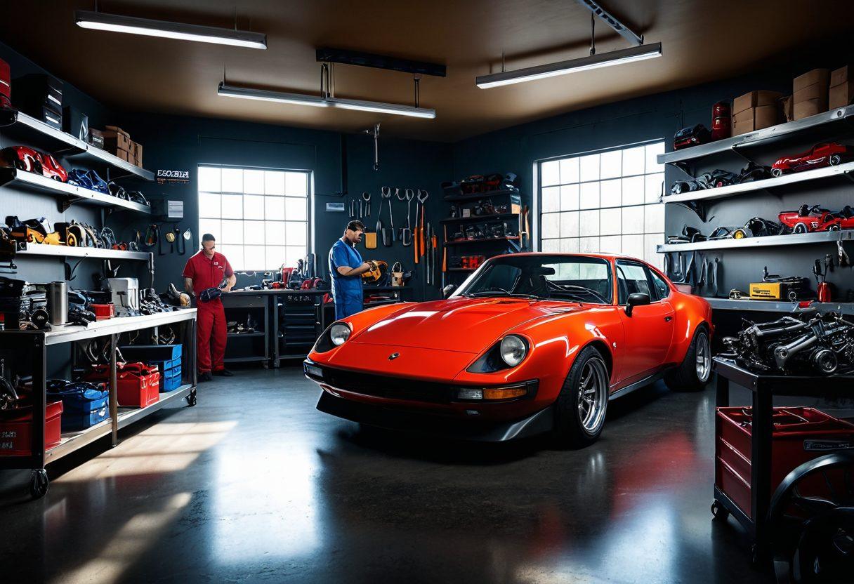 A detailed garage scene showcasing a diverse array of cars being serviced, with mechanics working diligently on engines and tires. Include essential tools and car parts neatly organized around. Bright light filtering through, emphasizing a sense of teamwork and expertise. Infuse vibrant colors to evoke a lively and informative atmosphere. super-realistic. vibrant colors. 3D.