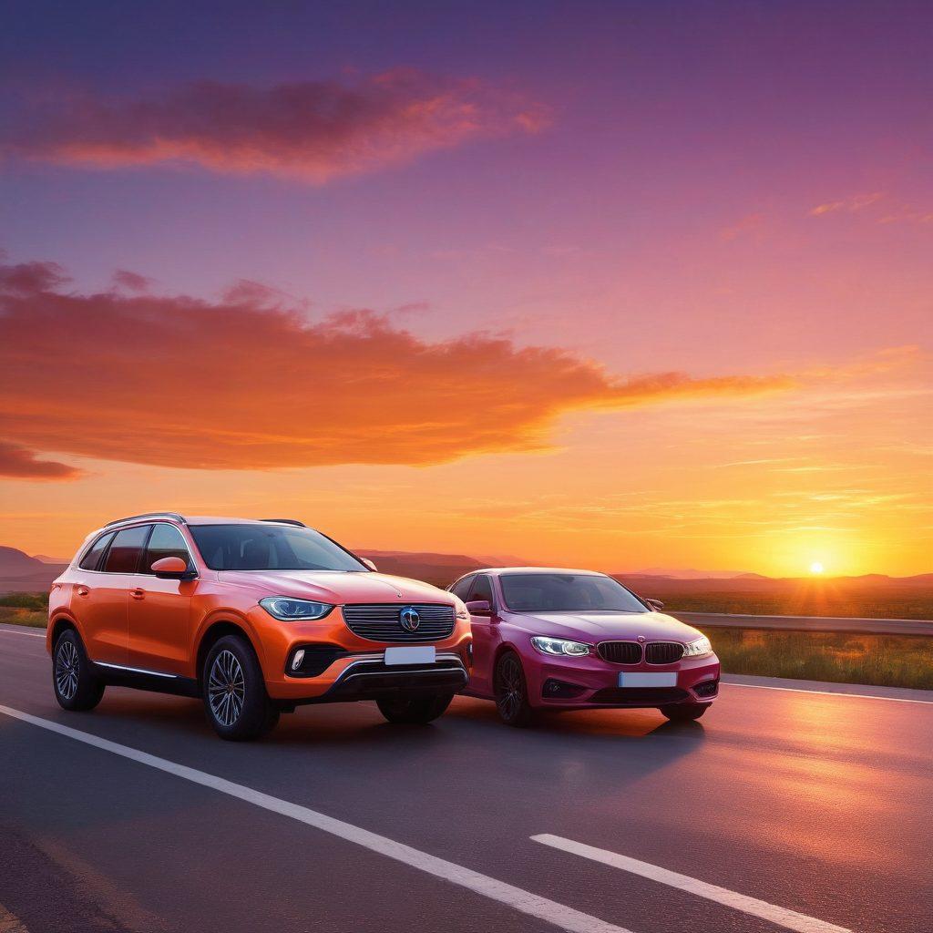 A wise driving instructor showing diverse vehicles: a sleek sedan, a sturdy SUV, and a vintage car, all parked on an open road. The background showcases a picturesque sunset with hints of orange and pink hues, symbolizing the journey of mastering driving. Elements like a steering wheel, tire, and road signs subtly included in the foreground to signify driving tips. The overall atmosphere is encouraging and serene, evoking a sense of adventure and knowledge. super-realistic. vibrant colors. sunset background.